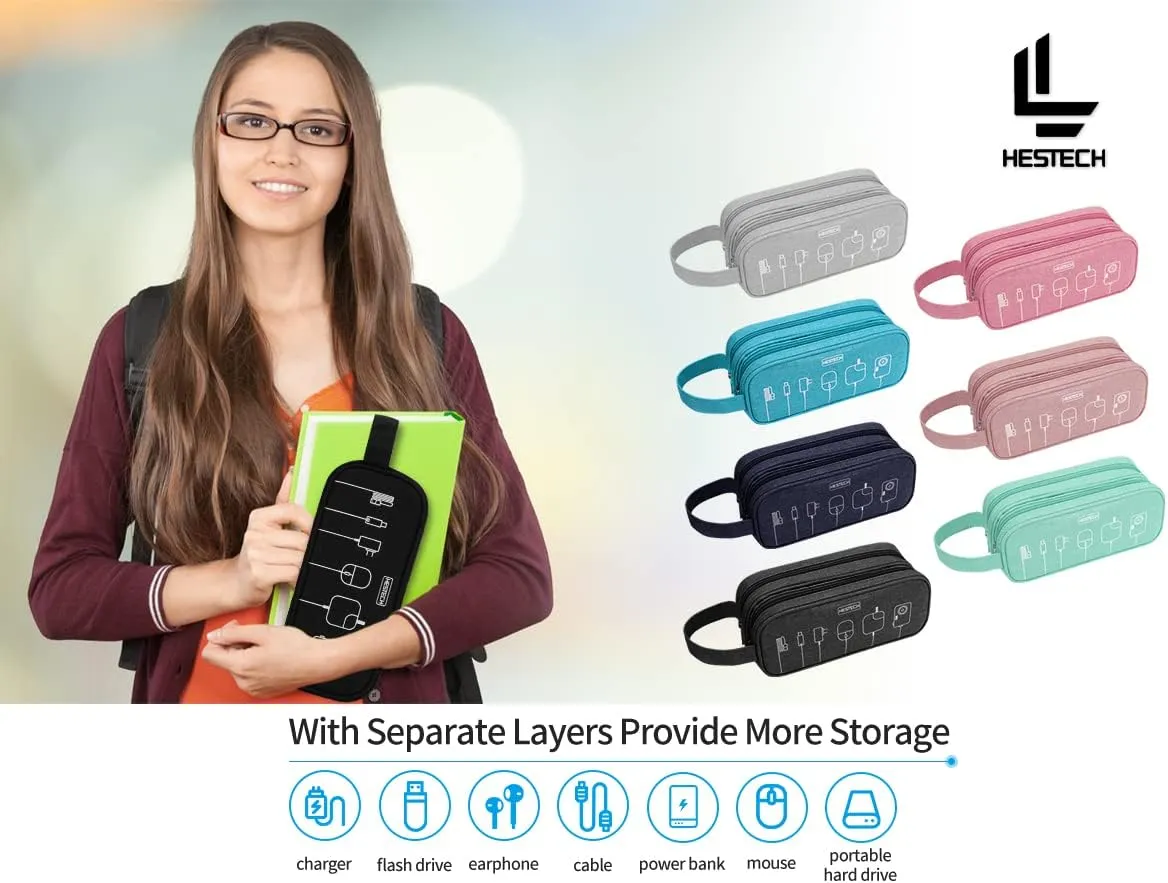 HESTECH Electronics Organizer Travel Charger Case Cord Cable Organizer Bag Portable Waterproof Double Layers All-in-one Storage for Charger Mouse Earbud USB Drive (Black, Medium)
