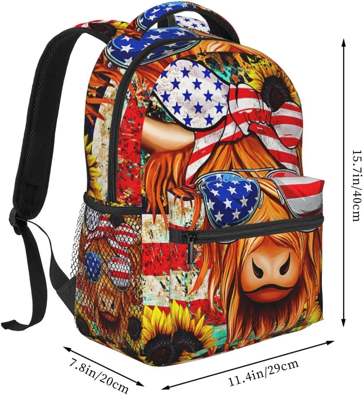 Highland Cow American Flag Wear Glasses Sunflower Backpack Lightweight Laptop Backpack Casual Daypack Travel Double Shoulder Bag For Women Men