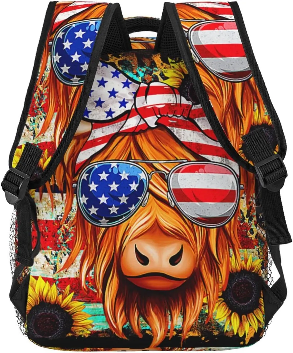 Highland Cow American Flag Wear Glasses Sunflower Backpack Lightweight Laptop Backpack Casual Daypack Travel Double Shoulder Bag For Women Men