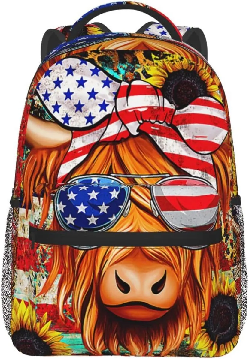 Highland Cow American Flag Wear Glasses Sunflower Backpack Lightweight Laptop Backpack Casual Daypack Travel Double Shoulder Bag For Women Men