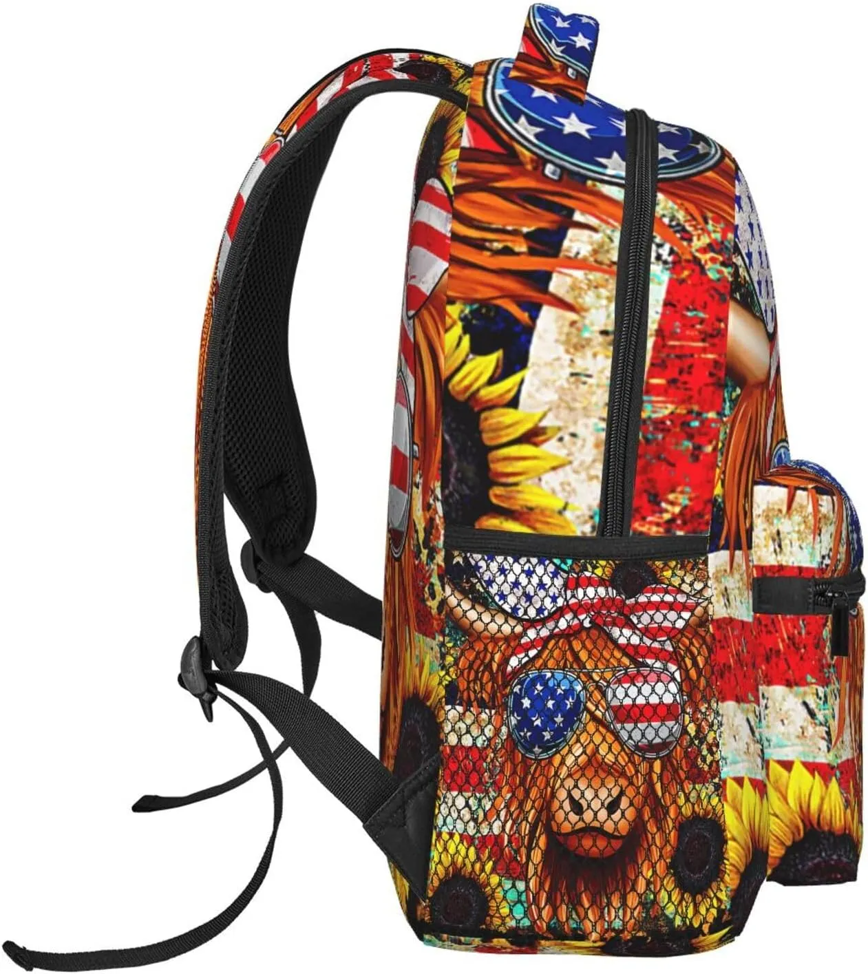 Highland Cow American Flag Wear Glasses Sunflower Backpack Lightweight Laptop Backpack Casual Daypack Travel Double Shoulder Bag For Women Men