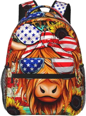 Highland Cow American Flag Wear Glasses Sunflower Backpack Lightweight Laptop Backpack Casual Daypack Travel Double Shoulder Bag For Women Men