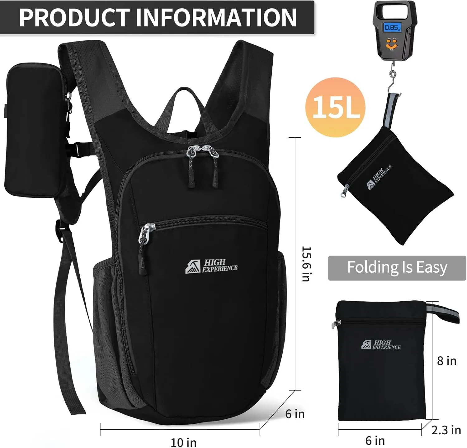 Hiking Backpack 10L/15L Small Daypack Lightweight Packable Travel Foldable Water Resistan for Women Men (Black, 15L)