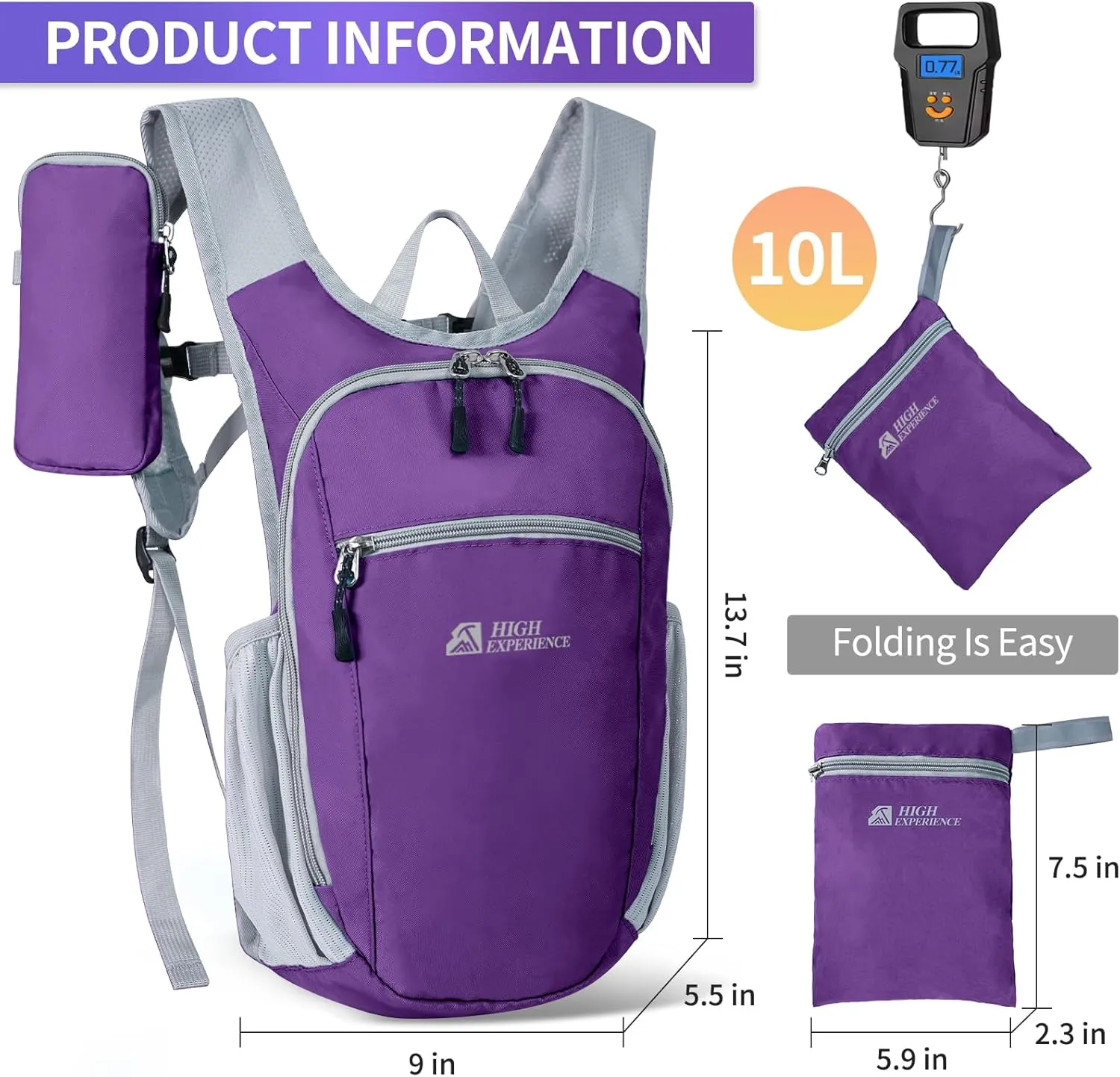 Hiking Backpack 10L/15L Small Daypack Lightweight Packable Travel Foldable Water Resistan for Women Men (Deep Purple, 10L)