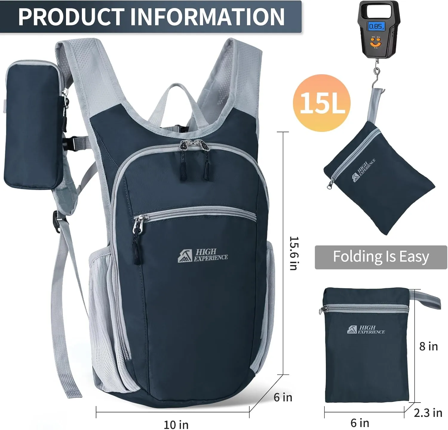 Hiking Backpack 10L/15L Small Daypack Lightweight Packable Travel Foldable Water Resistan for Women Men (Gray, 15L)