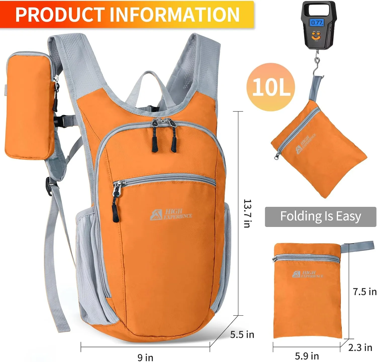 Hiking Backpack 10L/15L Small Daypack Lightweight Packable Travel Foldable Water Resistan for Women Men (Orange, 10L)