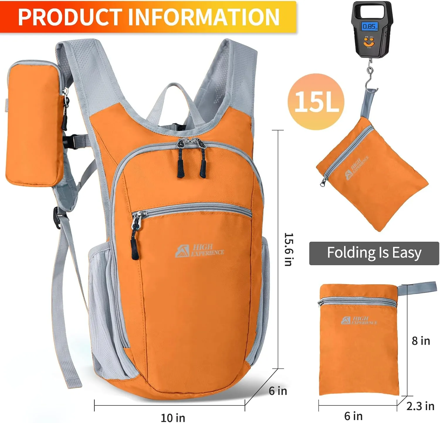 Hiking Backpack 10L/15L Small Daypack Lightweight Packable Travel Foldable Water Resistan for Women Men (Orange, 15L)