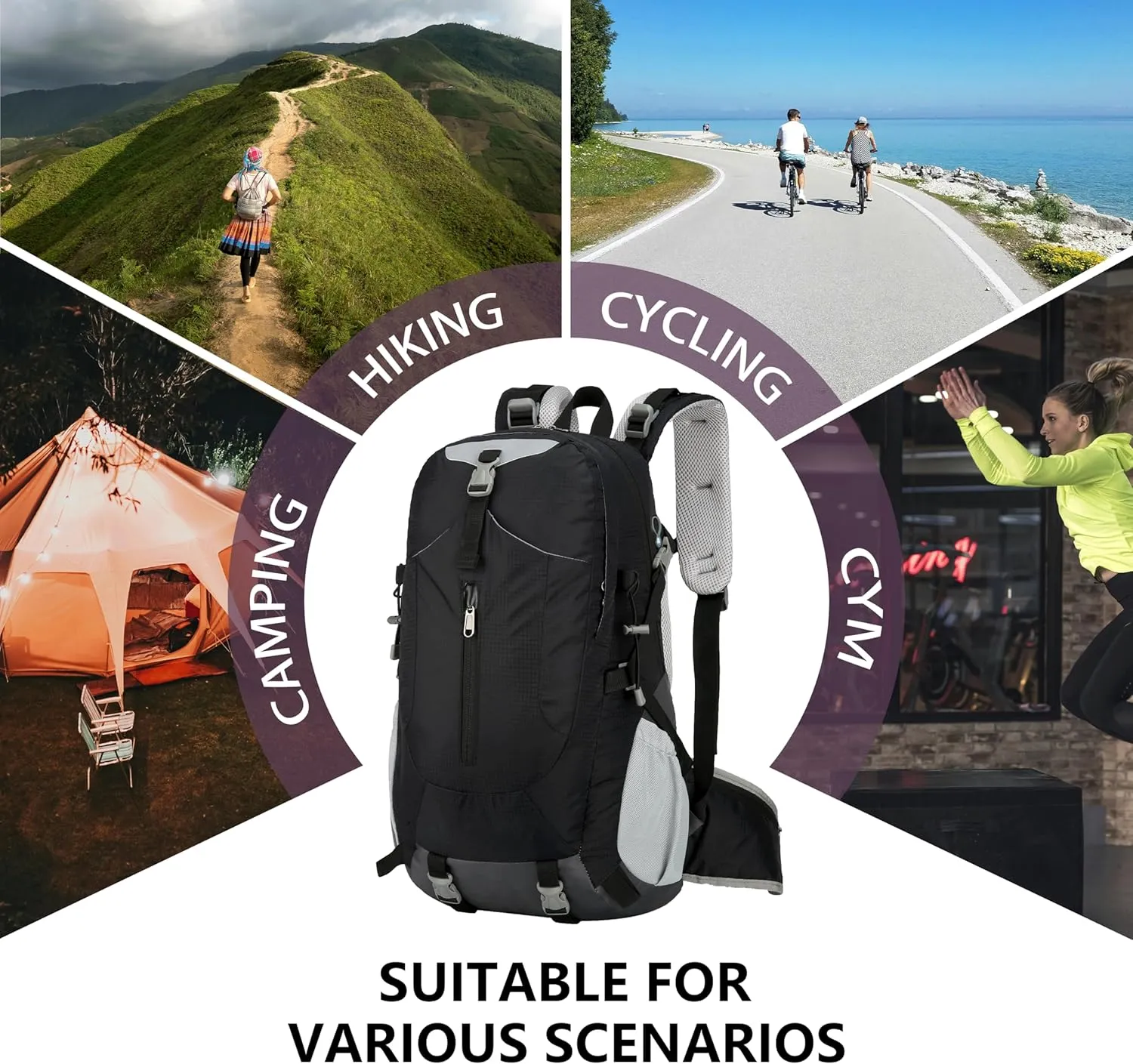 Hiking Backpack for Men and Women, Travel, Sport Outdoor, Lightweight Back Pack, Camping, Bag, waterproof, 40L.(Black)
