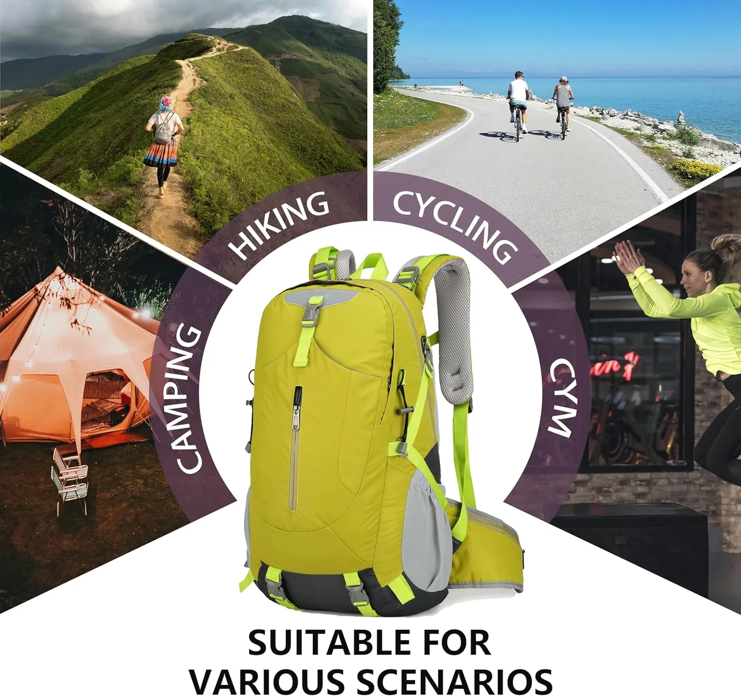 Hiking Backpack for Men and Women, Travel, Sport Outdoor, Lightweight Back Pack, Camping, Bag, waterproof, 40L.(Green)