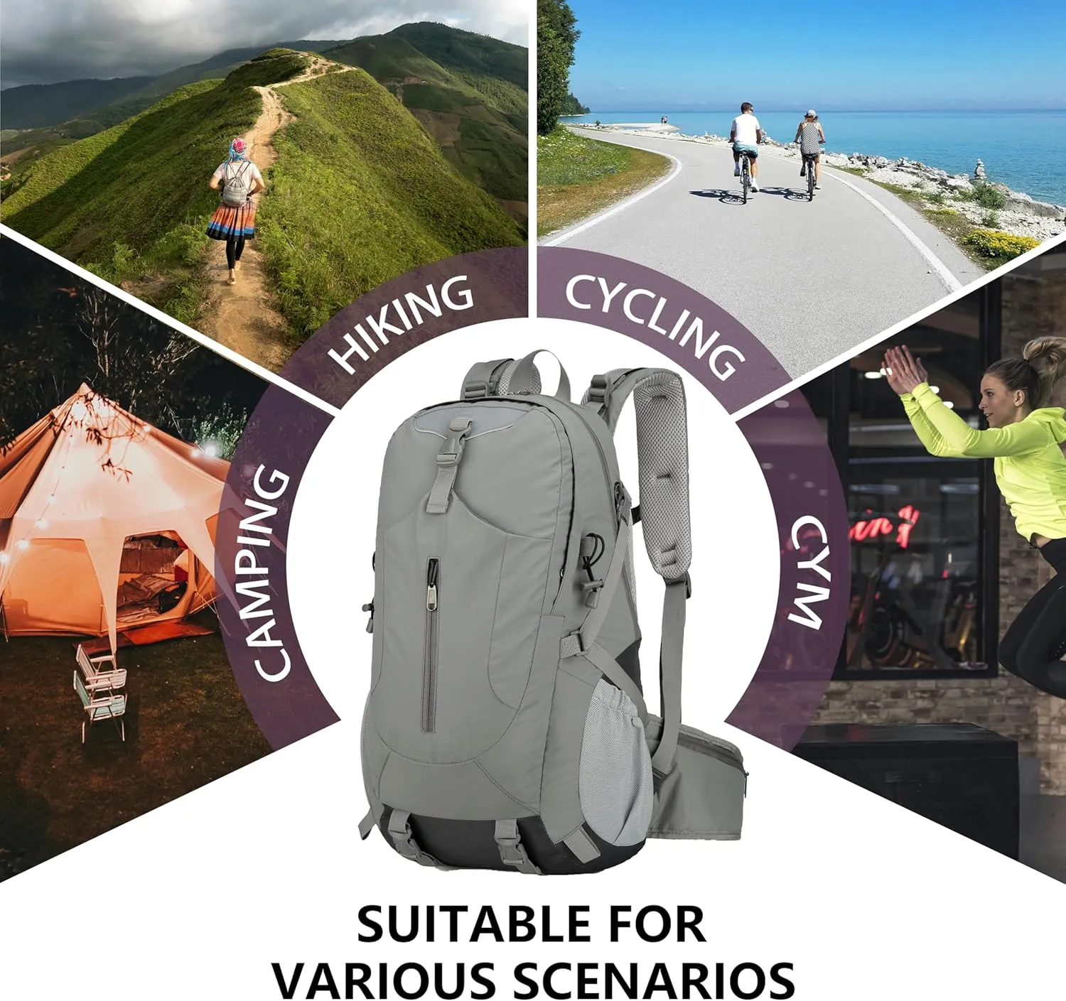 Hiking Backpack for Men and Women, Travel, Sport Outdoor, Lightweight Back Pack, Camping, Bag, waterproof, 40L.(Grey)