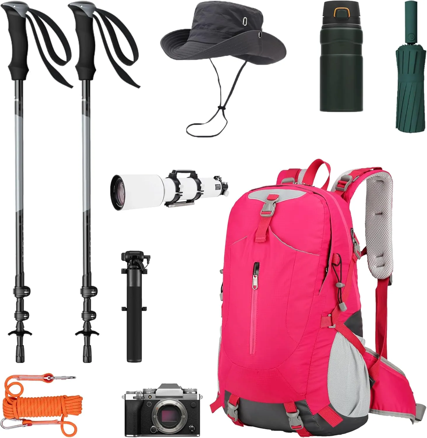 Hiking Backpack for Men and Women, Travel, Sport Outdoor, Lightweight Back Pack, Camping, Bag, waterproof, 40L.(Rose Red)