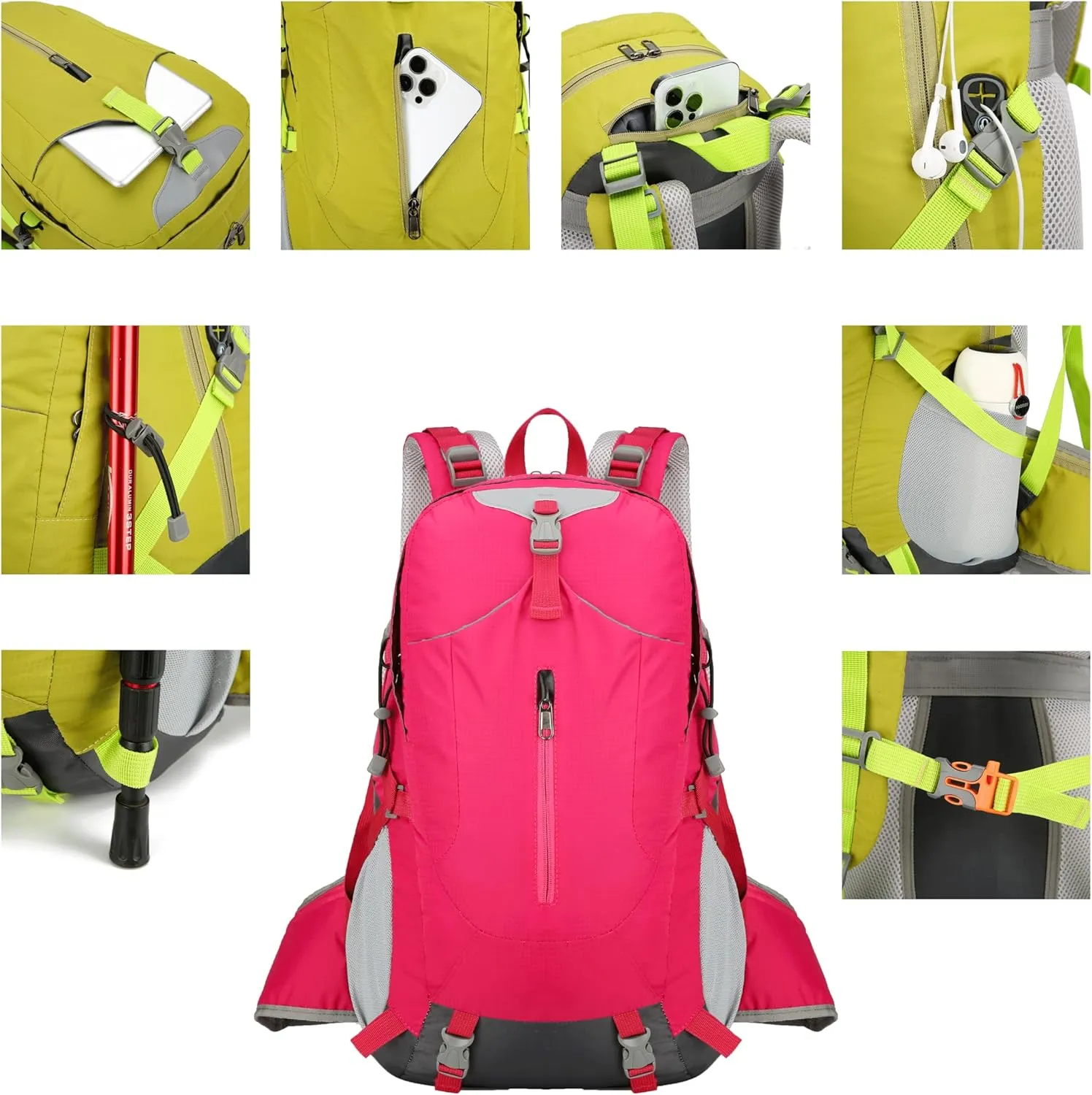 Hiking Backpack for Men and Women, Travel, Sport Outdoor, Lightweight Back Pack, Camping, Bag, waterproof, 40L.(Rose Red)