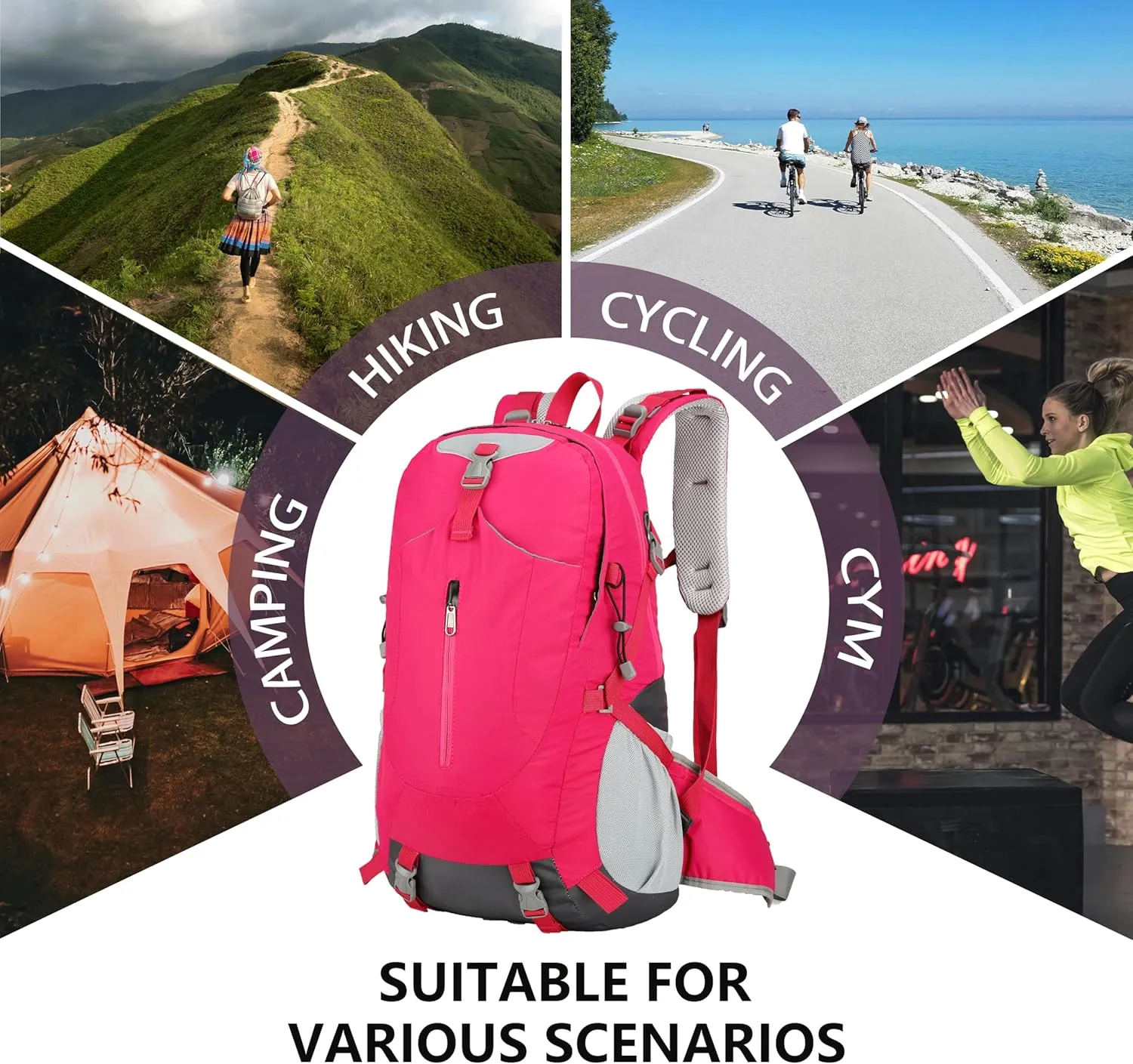 Hiking Backpack for Men and Women, Travel, Sport Outdoor, Lightweight Back Pack, Camping, Bag, waterproof, 40L.(Rose Red)