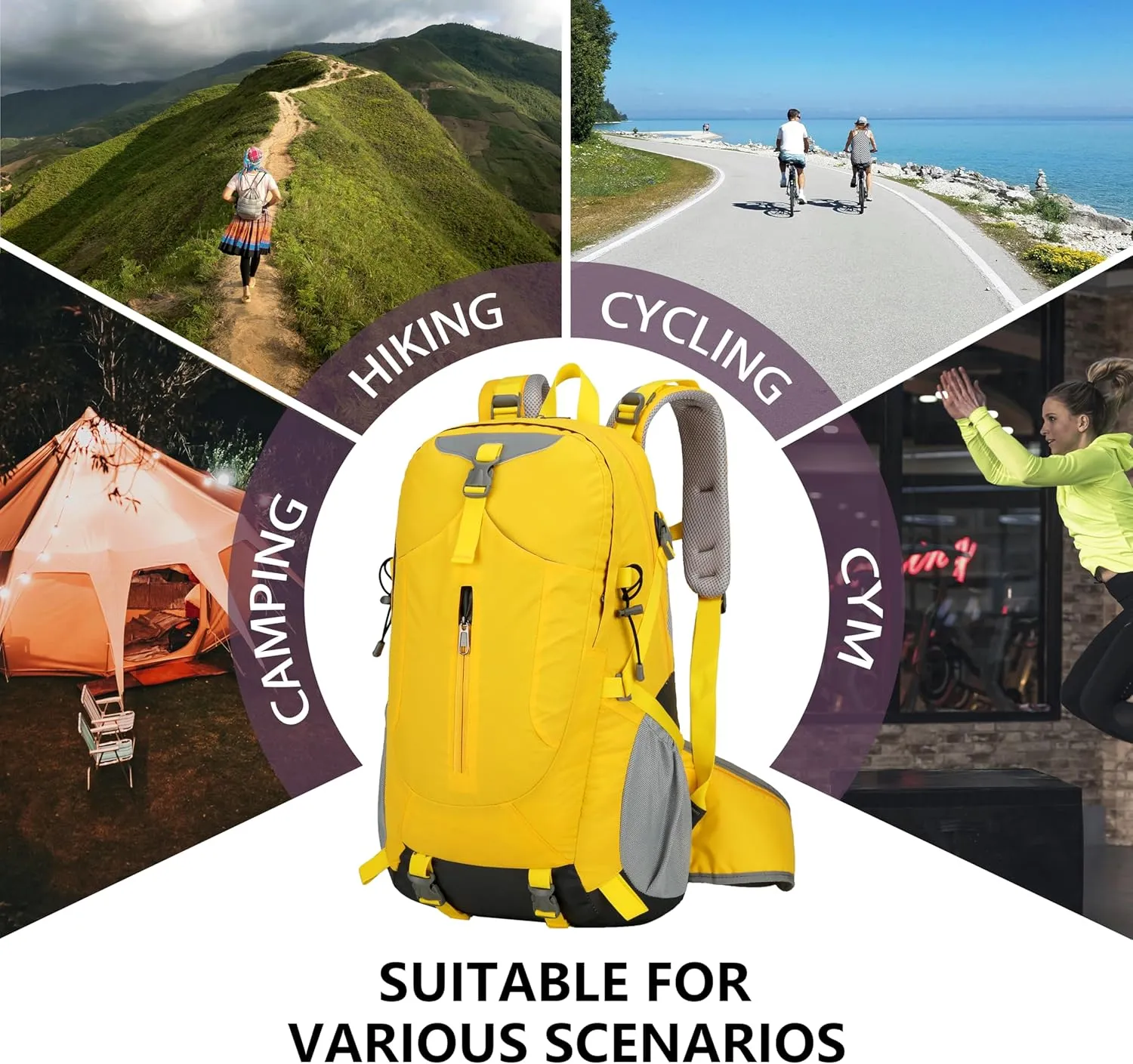 Hiking Backpack for Men and Women, Travel, Sport Outdoor, Lightweight Back Pack, Camping, Bag, waterproof, 40L.(Yellow)
