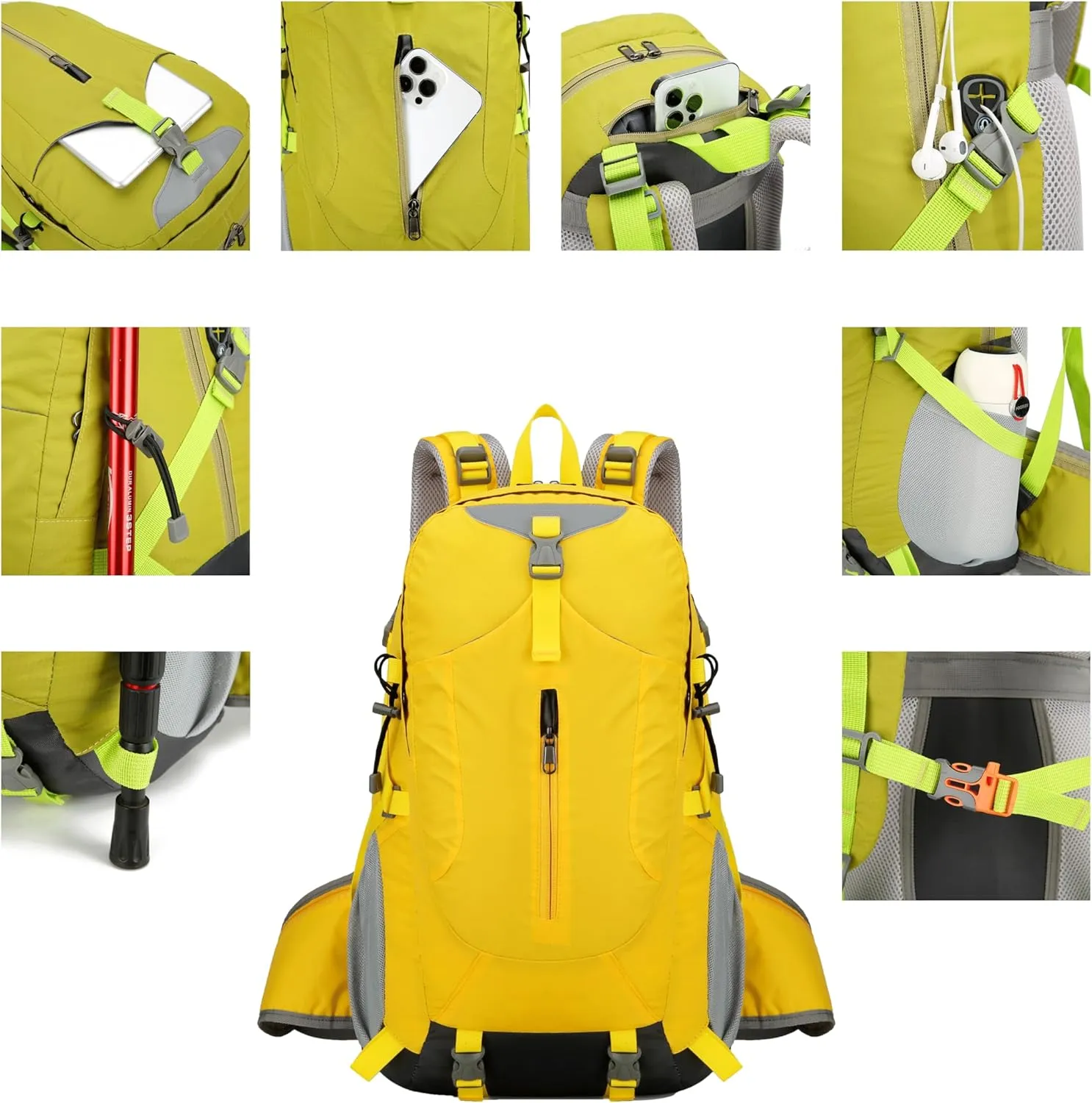 Hiking Backpack for Men and Women, Travel, Sport Outdoor, Lightweight Back Pack, Camping, Bag, waterproof, 40L.(Yellow)