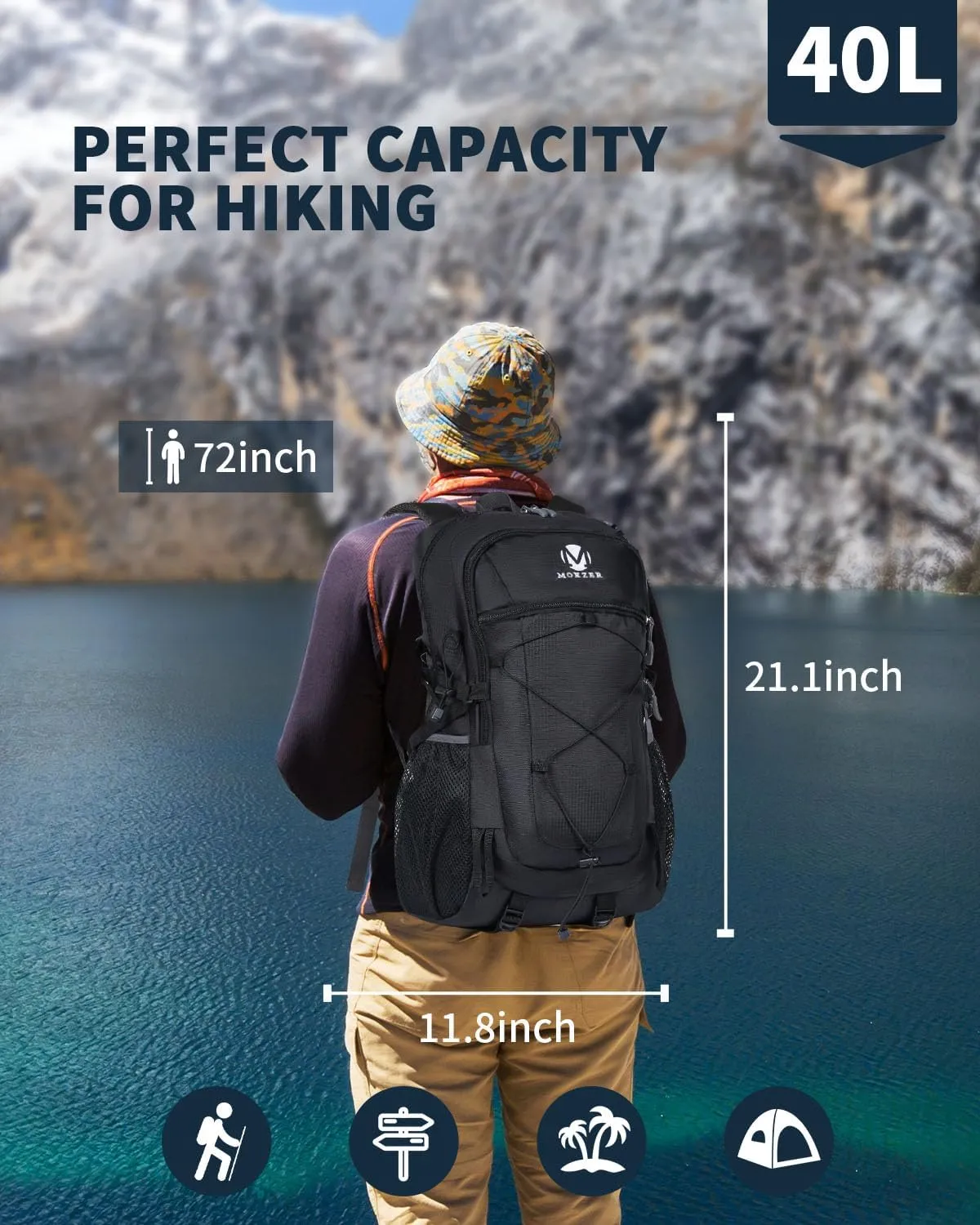 Hiking Backpack,40L Lightweight Waterproof Camping Daypack for Men and Women, Travel Bag for Outdoor Sport Trekking (Black)