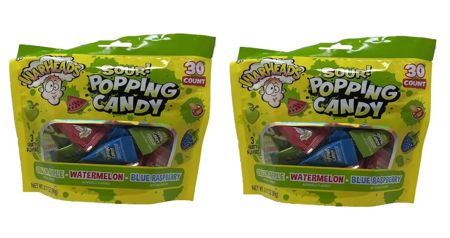 HILCO SWEETS Warheads Sour Popping Candy 30 count bags, 60 total pouches Classic Warhead Flavors, 3 Fruit Flavors - Green Apple, Watermelon and Blue Raspberry - 3.17 oz (Pack of 2)