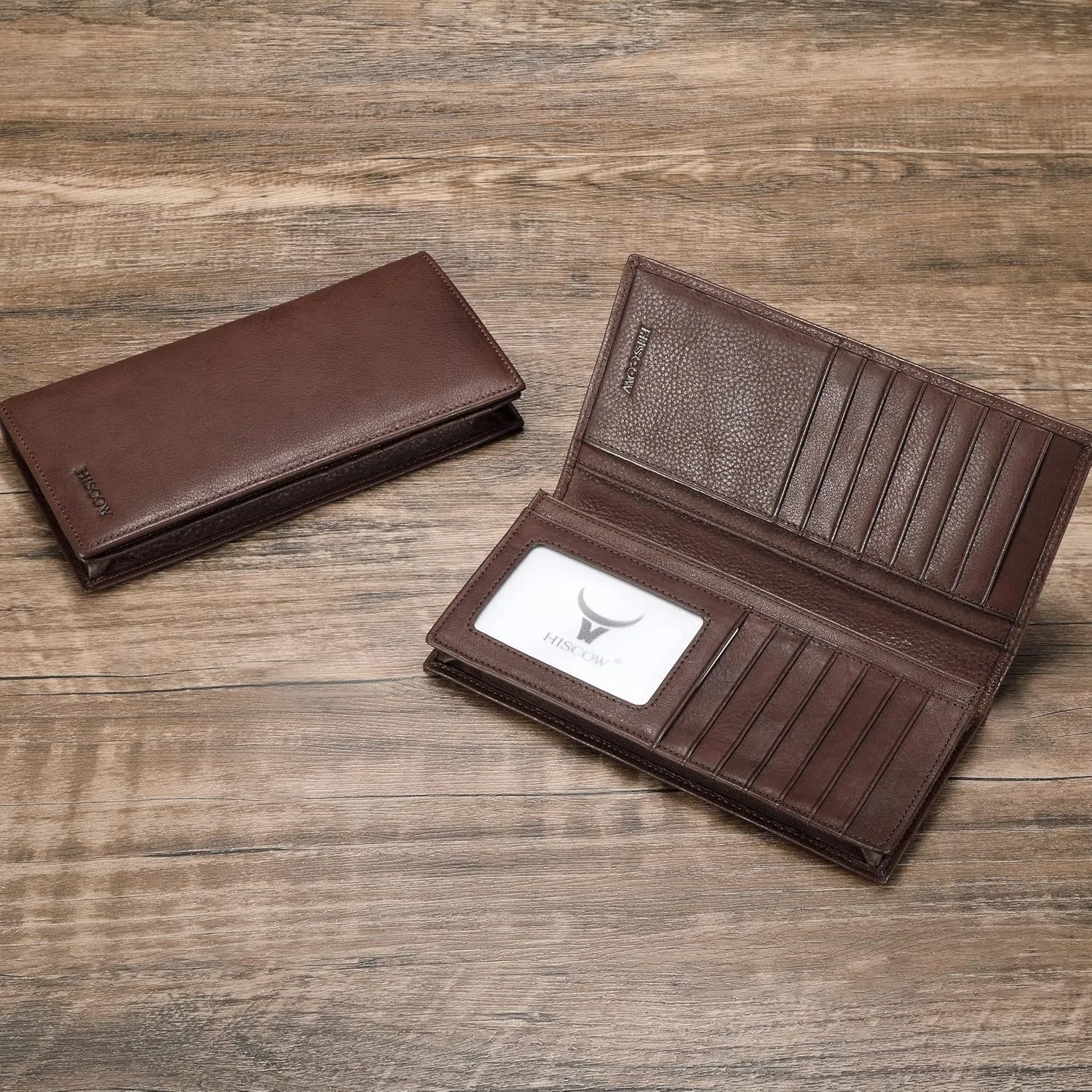 HISCOW Bifold Long Wallet with 15 Credit Card Slots - Italian Calfskin (Aniline Leather Coffee)