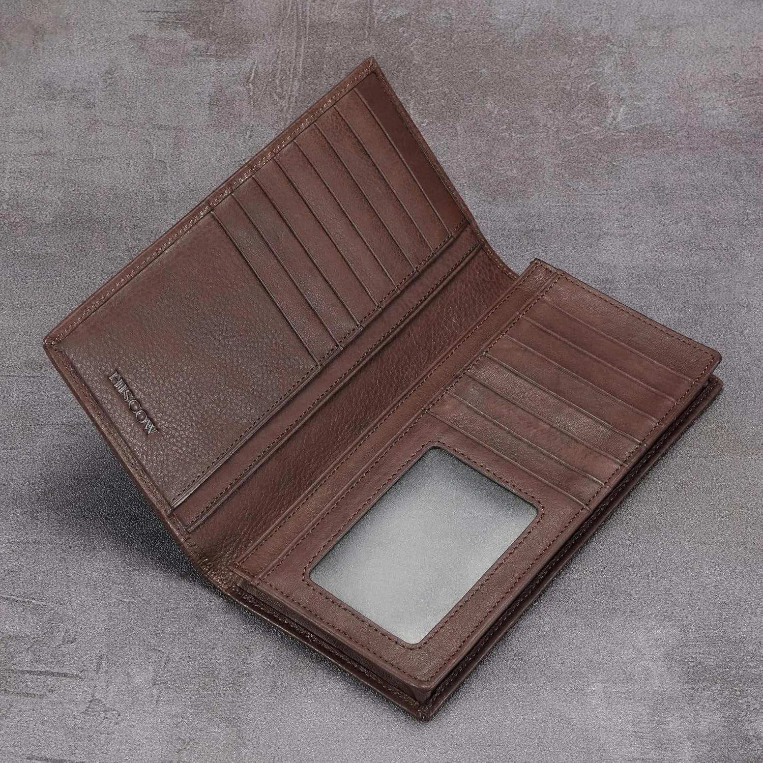 HISCOW Bifold Long Wallet with 15 Credit Card Slots - Italian Calfskin (Aniline Leather Coffee)