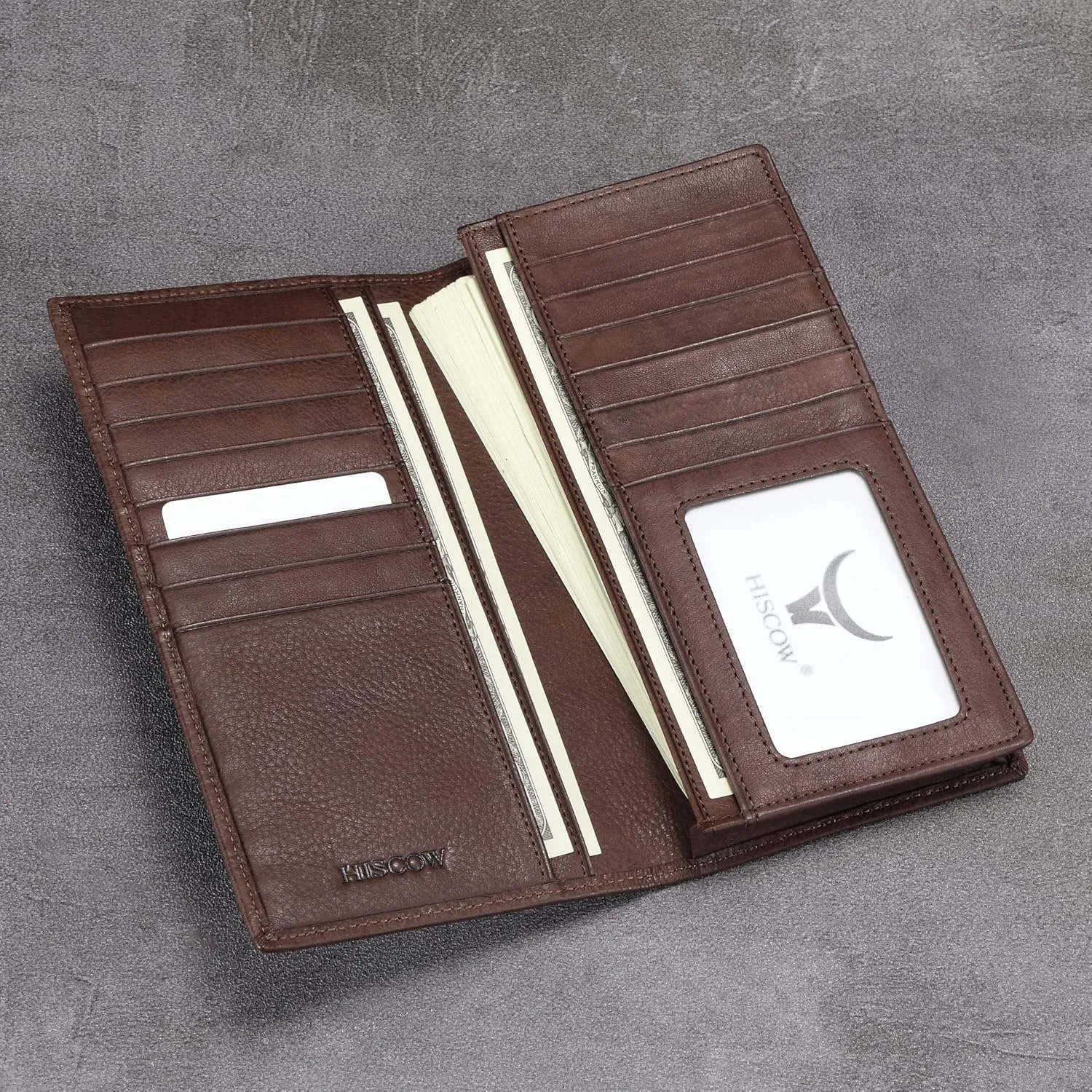 HISCOW Bifold Long Wallet with 15 Credit Card Slots - Italian Calfskin (Aniline Leather Coffee)