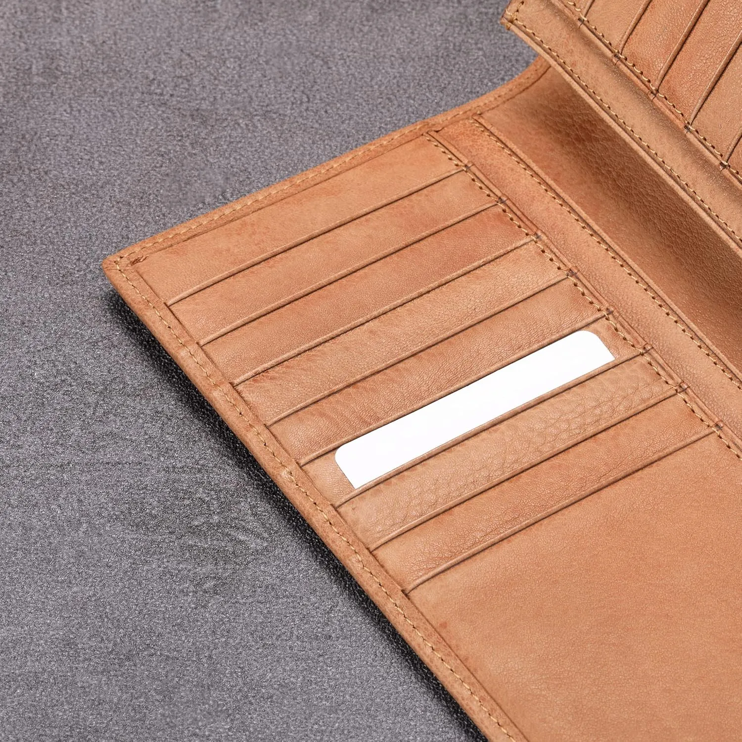 HISCOW Bifold Long Wallet with 15 Credit Card Slots - Italian Calfskin (Aniline Leather Tan)