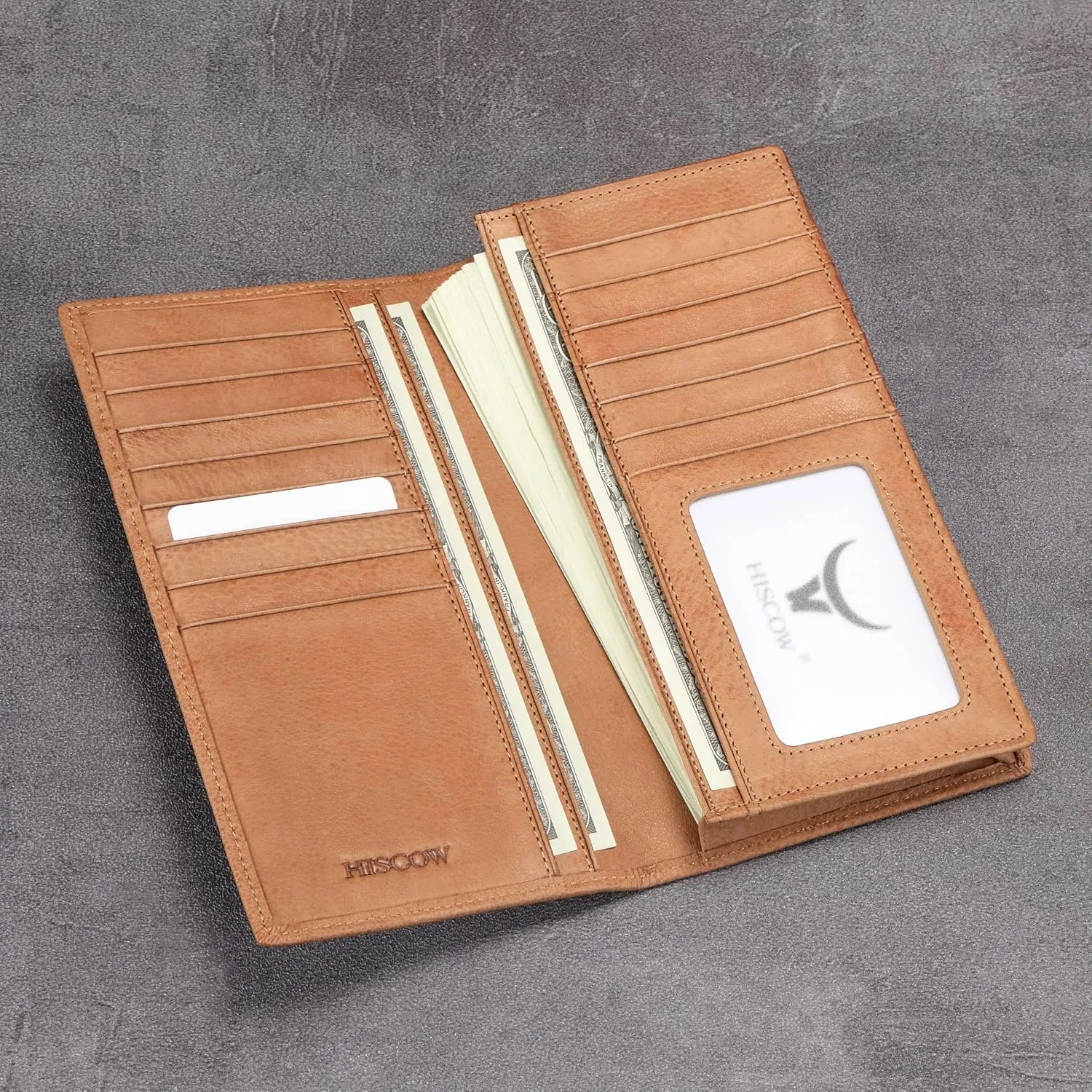 HISCOW Bifold Long Wallet with 15 Credit Card Slots - Italian Calfskin (Aniline Leather Tan)