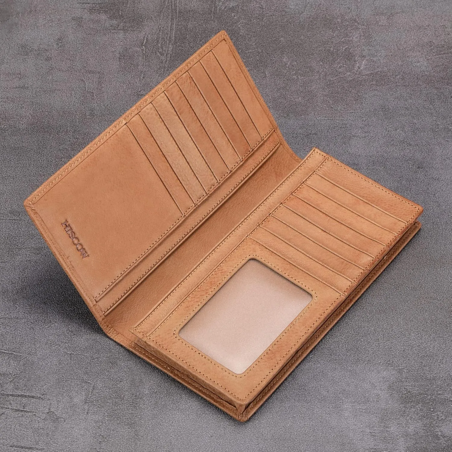 HISCOW Bifold Long Wallet with 15 Credit Card Slots - Italian Calfskin (Aniline Leather Tan)