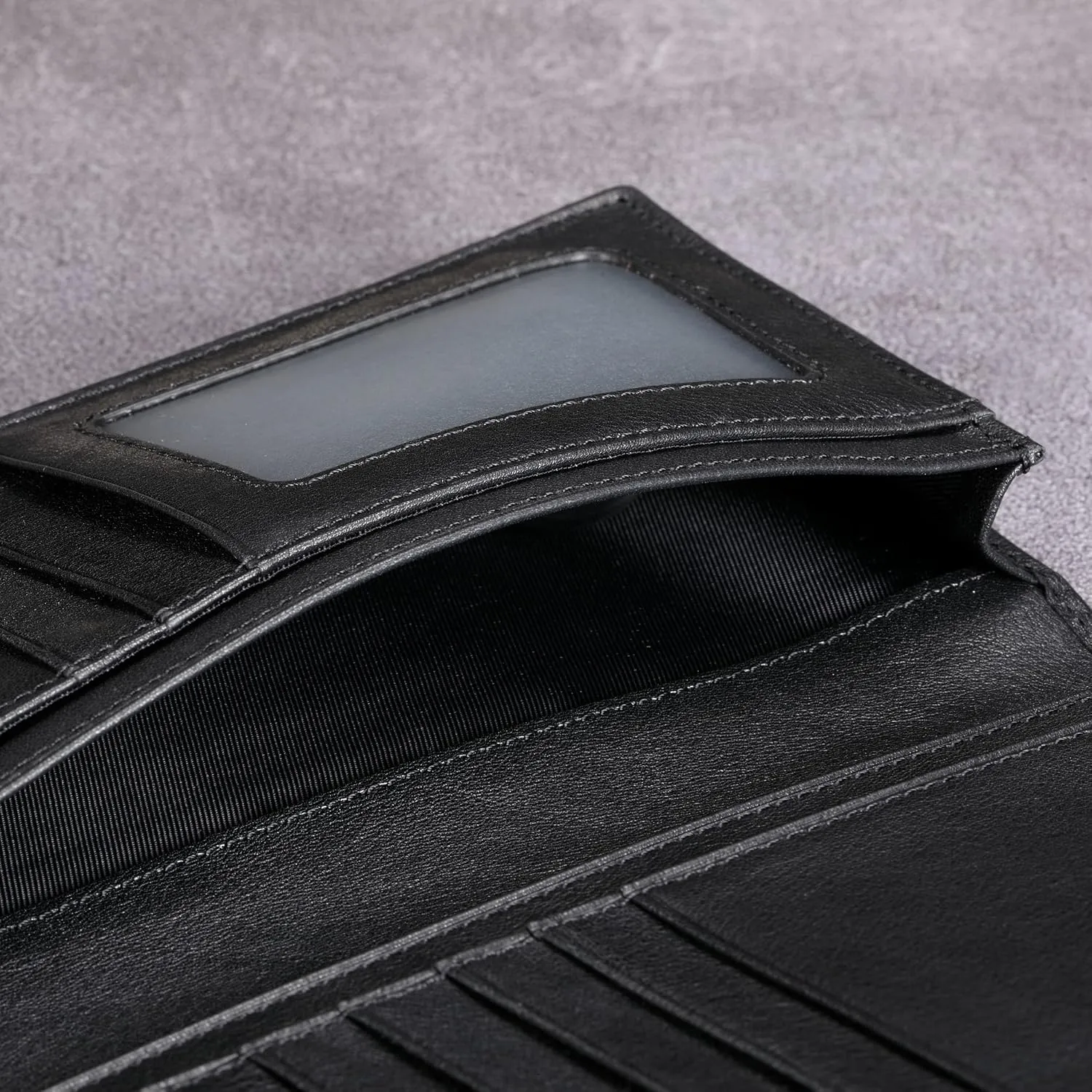 HISCOW Bifold Long Wallet with 15 Credit Card Slots - Italian Calfskin (Black Vegetable-Tanned Leather)