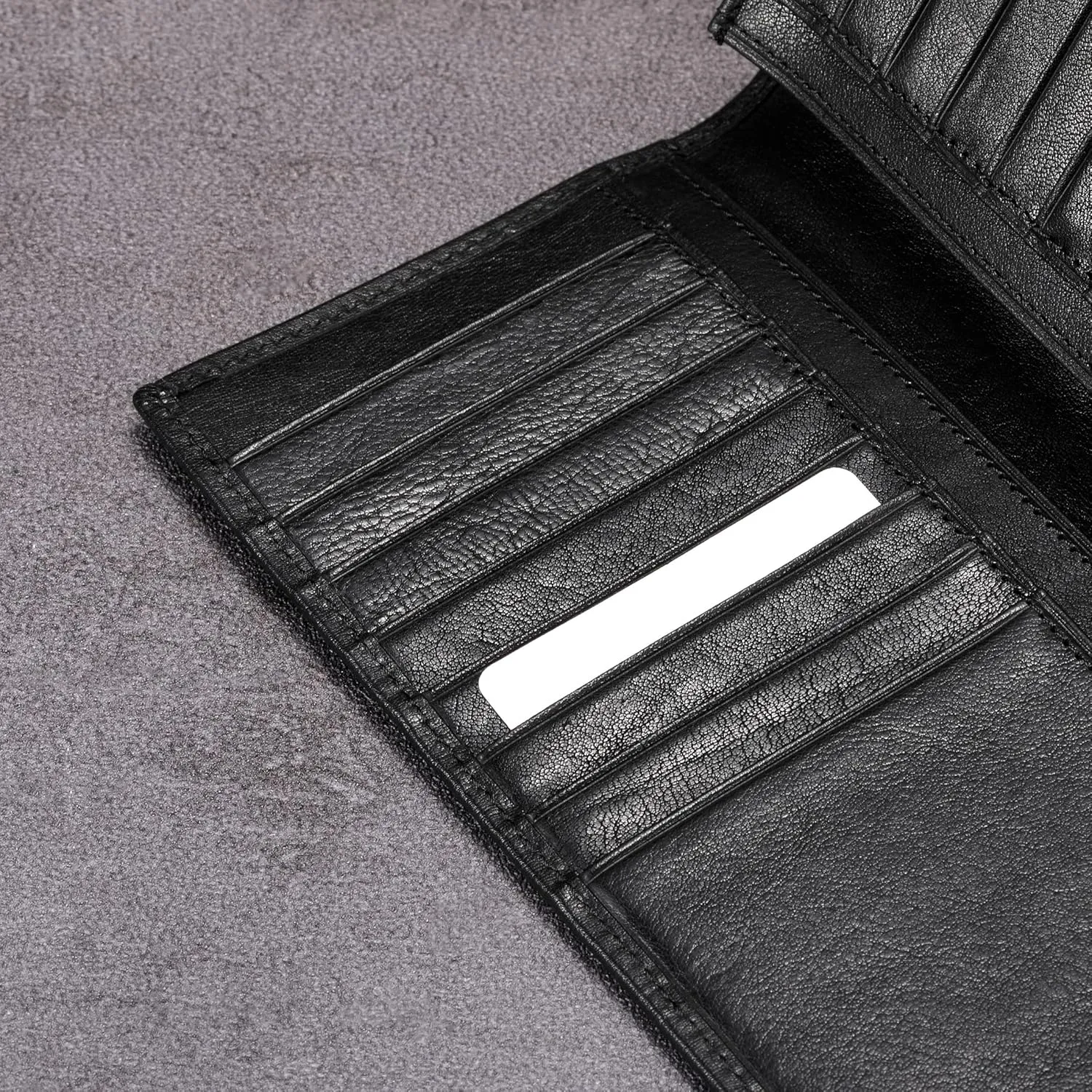 HISCOW Bifold Long Wallet with 15 Credit Card Slots - Italian Calfskin (Black Vegetable-Tanned Leather)