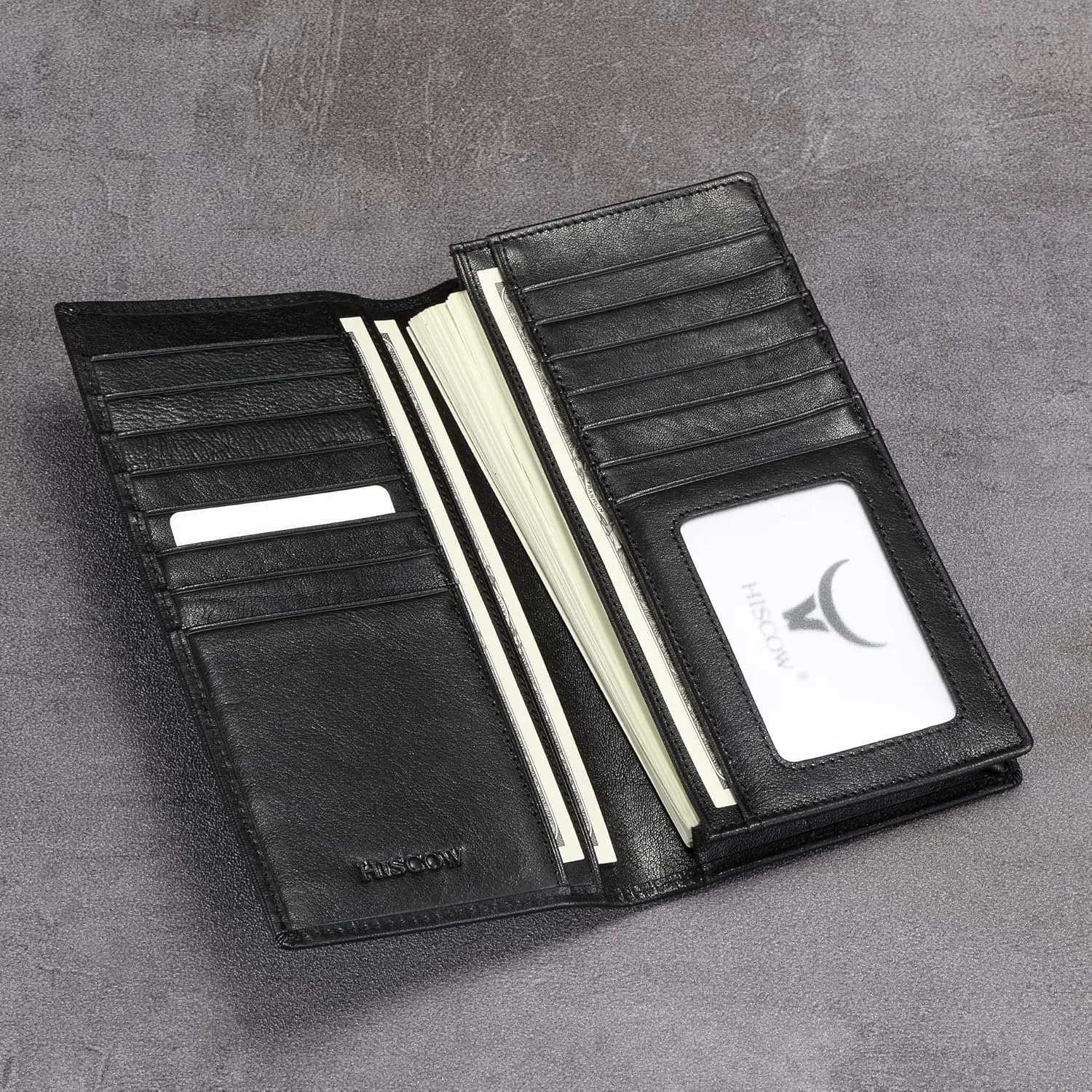 HISCOW Bifold Long Wallet with 15 Credit Card Slots - Italian Calfskin (Black Vegetable-Tanned Leather)