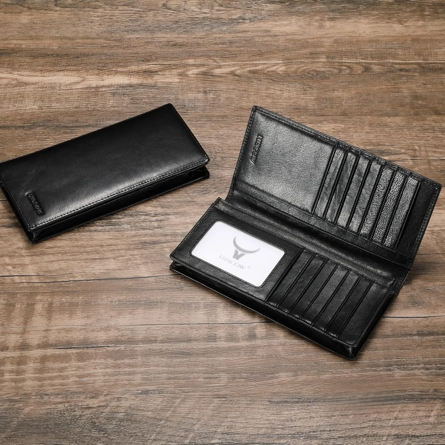 HISCOW Bifold Long Wallet with 15 Credit Card Slots - Italian Calfskin (Black Vegetable-Tanned Leather)