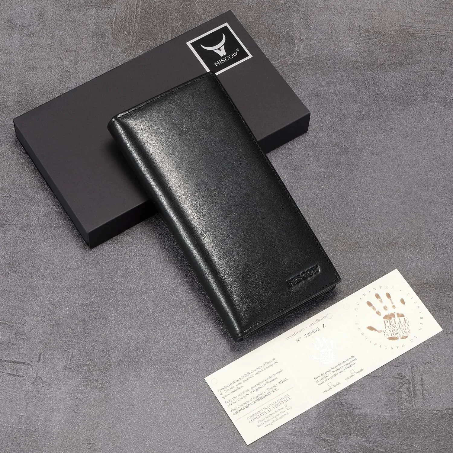 HISCOW Bifold Long Wallet with 15 Credit Card Slots - Italian Calfskin (Black Vegetable-Tanned Leather)