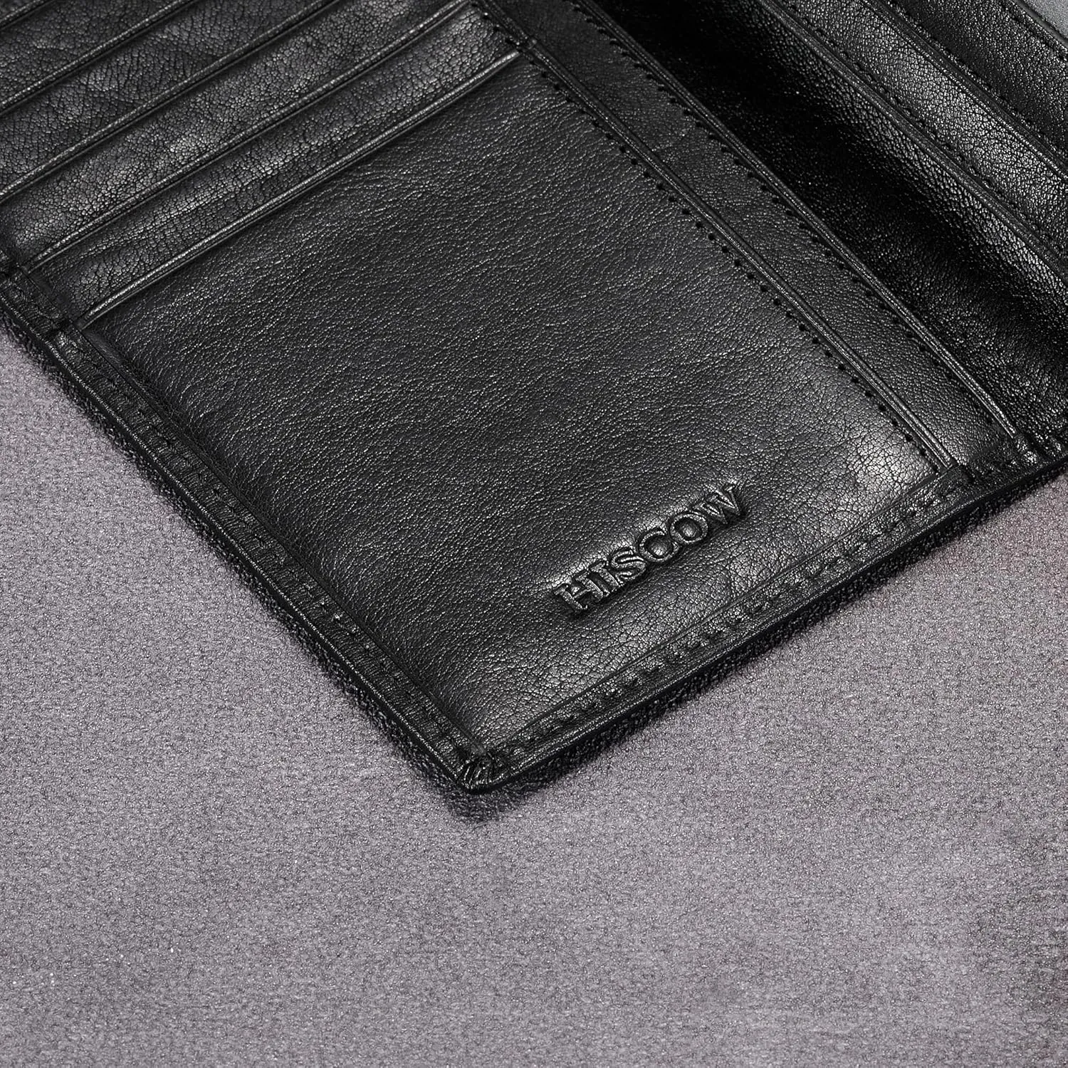 HISCOW Bifold Long Wallet with 15 Credit Card Slots - Italian Calfskin (Black Vegetable-Tanned Leather)