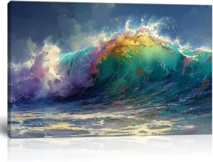 HJL Art Wave Wall Art Canvas Ocean Wall Art Blue Ocean Wave Surfing Sea Picture Paintings on Canvas Seascape Sea Wall Art Prints Framed for Living Room Bedroom Bathroom Office Home (24''W x 18''H)