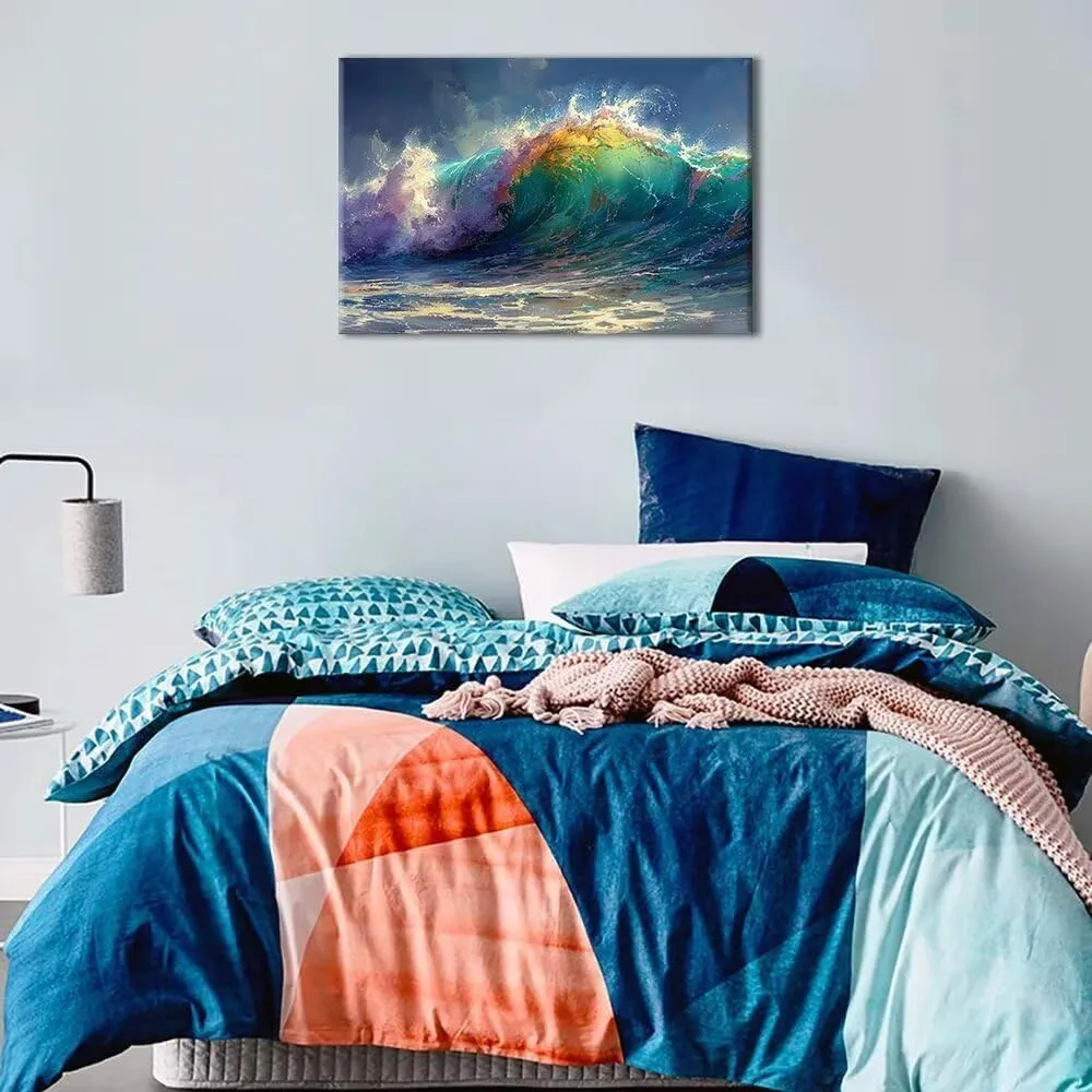 HJL Art Wave Wall Art Canvas Ocean Wall Art Blue Ocean Wave Surfing Sea Picture Paintings on Canvas Seascape Sea Wall Art Prints Framed for Living Room Bedroom Bathroom Office Home (24''W x 18''H)