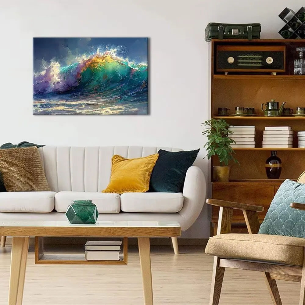HJL Art Wave Wall Art Canvas Ocean Wall Art Blue Ocean Wave Surfing Sea Picture Paintings on Canvas Seascape Sea Wall Art Prints Framed for Living Room Bedroom Bathroom Office Home (24''W x 18''H)