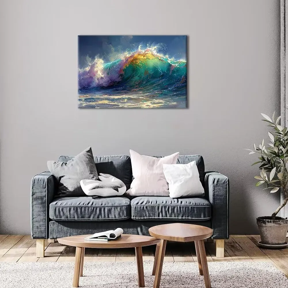 HJL Art Wave Wall Art Canvas Ocean Wall Art Blue Ocean Wave Surfing Sea Picture Paintings on Canvas Seascape Sea Wall Art Prints Framed for Living Room Bedroom Bathroom Office Home (24''W x 18''H)