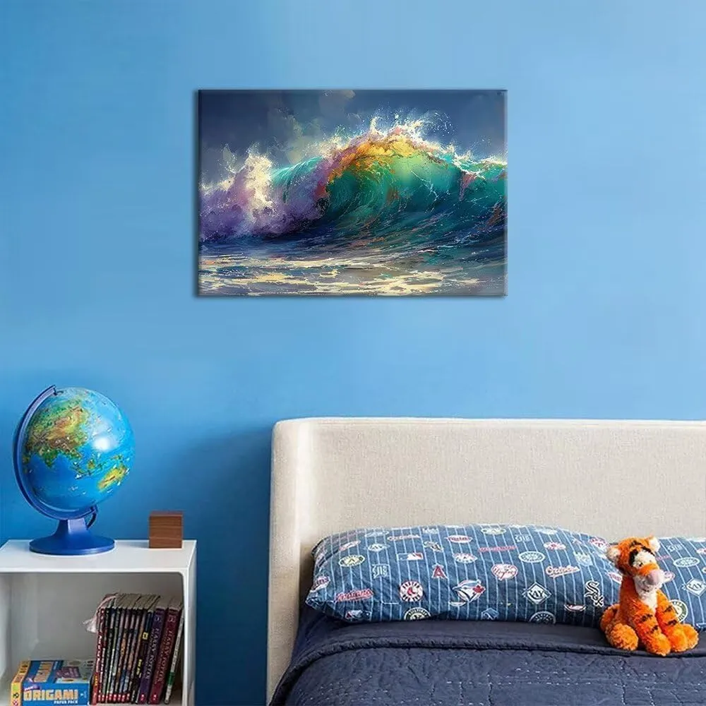 HJL Art Wave Wall Art Canvas Ocean Wall Art Blue Ocean Wave Surfing Sea Picture Paintings on Canvas Seascape Sea Wall Art Prints Framed for Living Room Bedroom Bathroom Office Home (24''W x 18''H)
