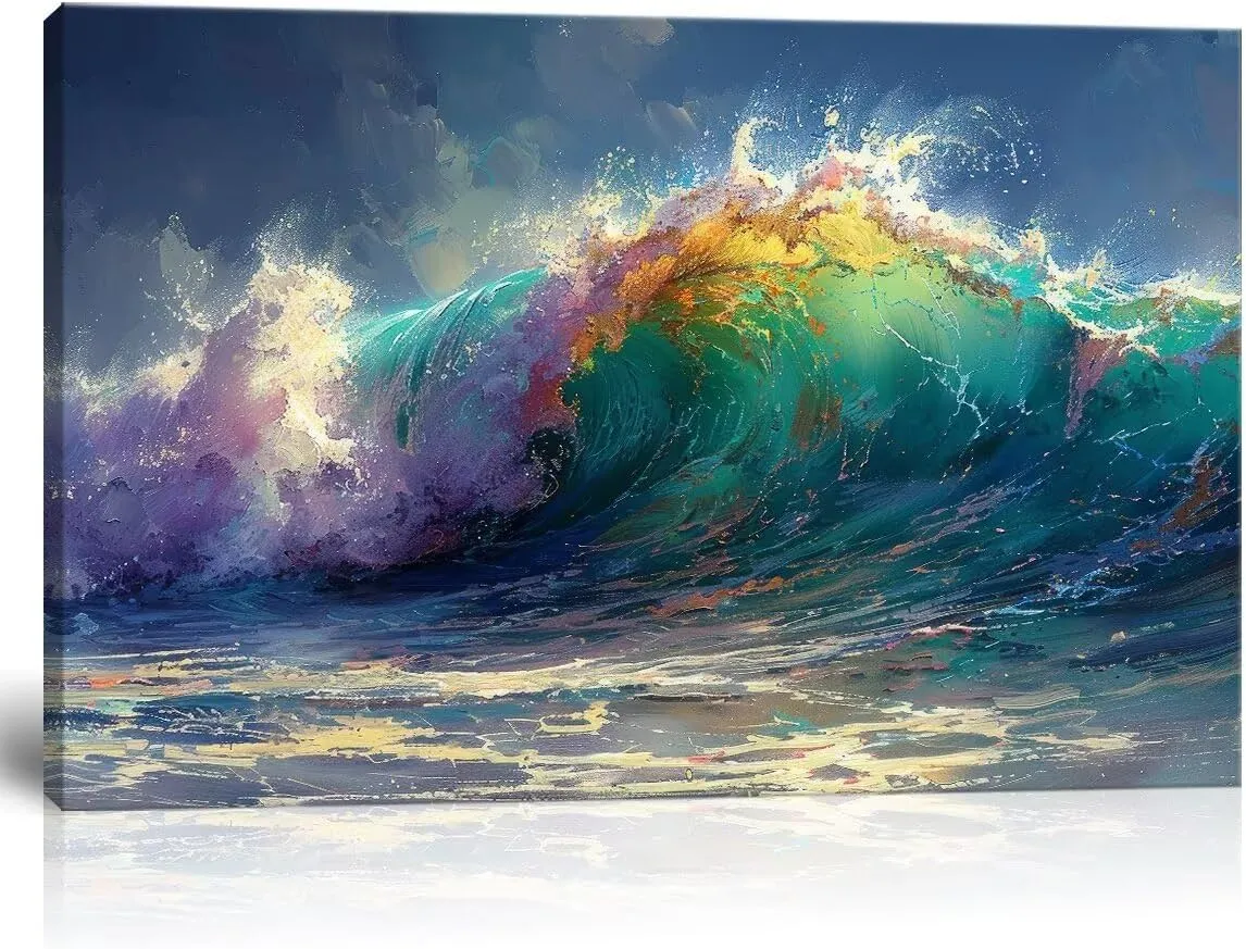 HJL Art Wave Wall Art Canvas Ocean Wall Art Blue Ocean Wave Surfing Sea Picture Paintings on Canvas Seascape Sea Wall Art Prints Framed for Living Room Bedroom Bathroom Office Home (24''W x 18''H)