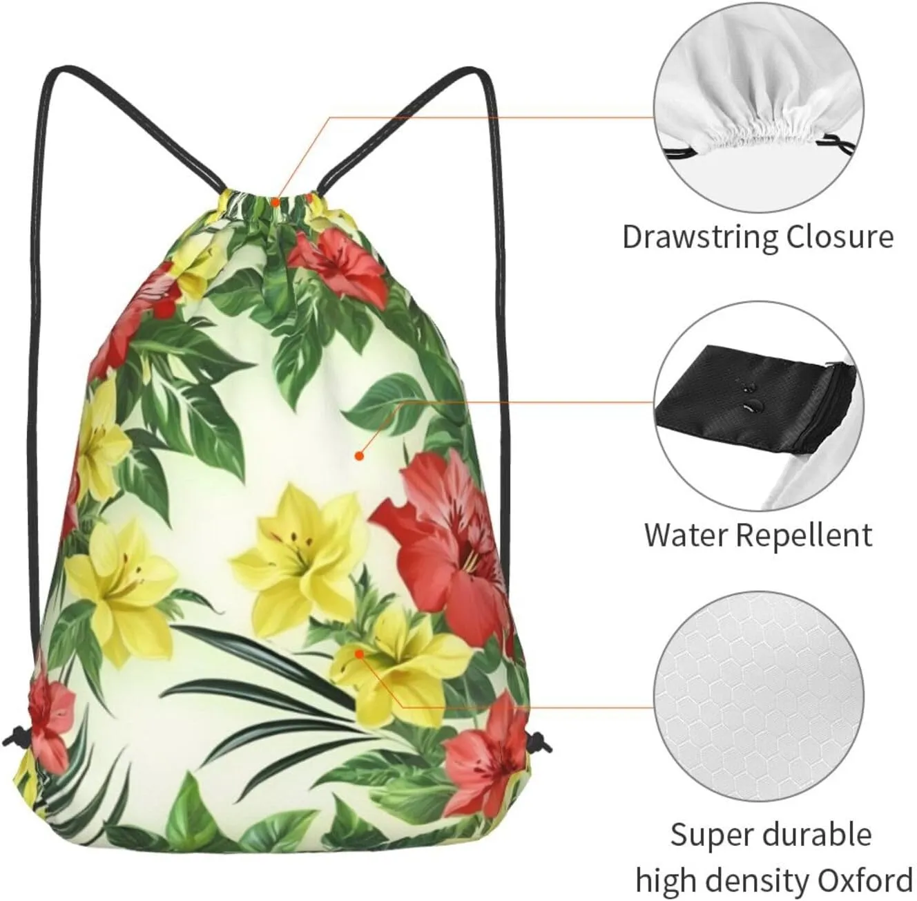 Hojas Tropicales Y Flores Drawstring Cinch Backpack Polyester Sack Pack String Bag For Hiking Camping Adventure