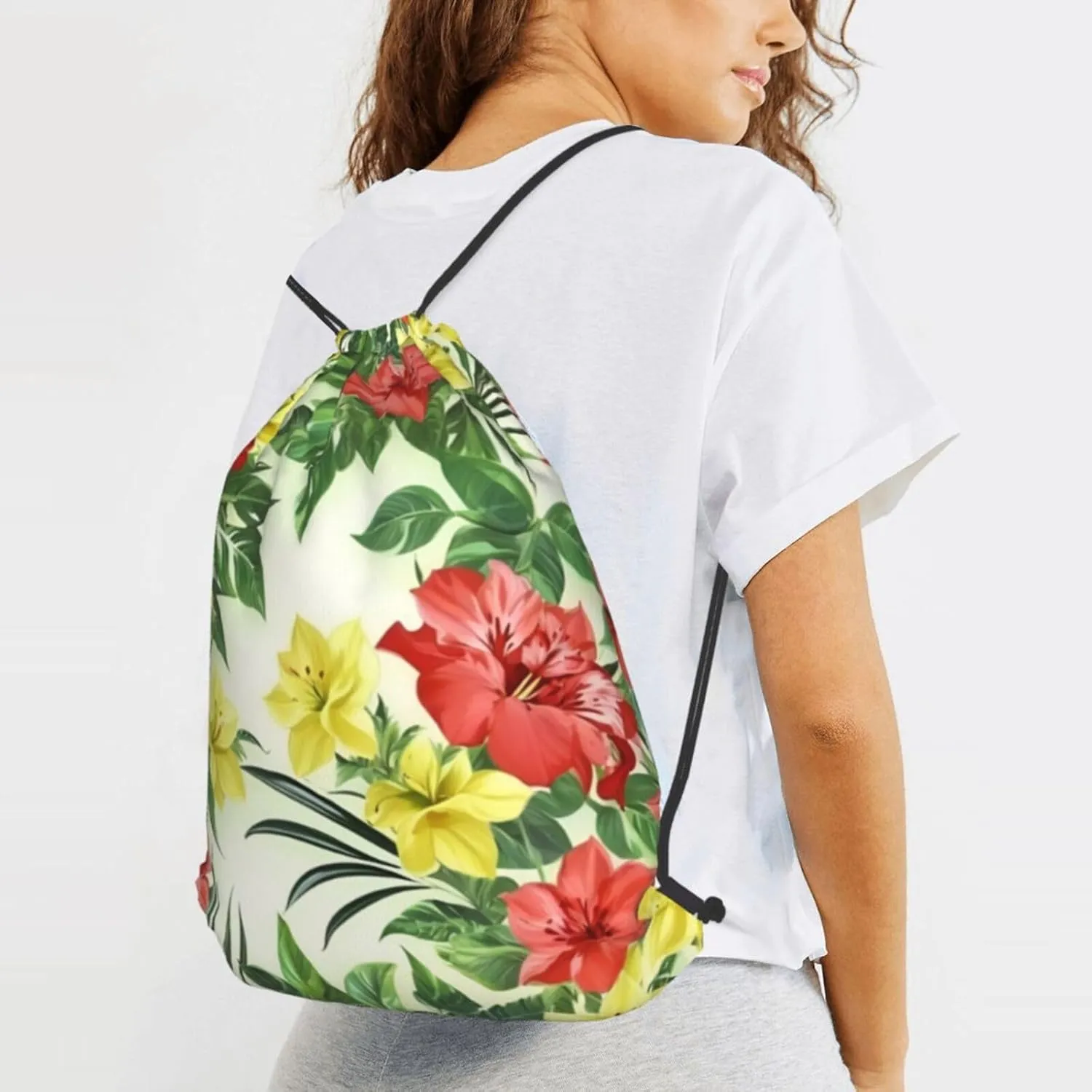 Hojas Tropicales Y Flores Drawstring Cinch Backpack Polyester Sack Pack String Bag For Hiking Camping Adventure