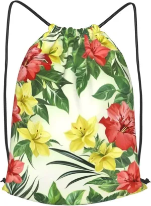 Hojas Tropicales Y Flores Drawstring Cinch Backpack Polyester Sack Pack String Bag For Hiking Camping Adventure