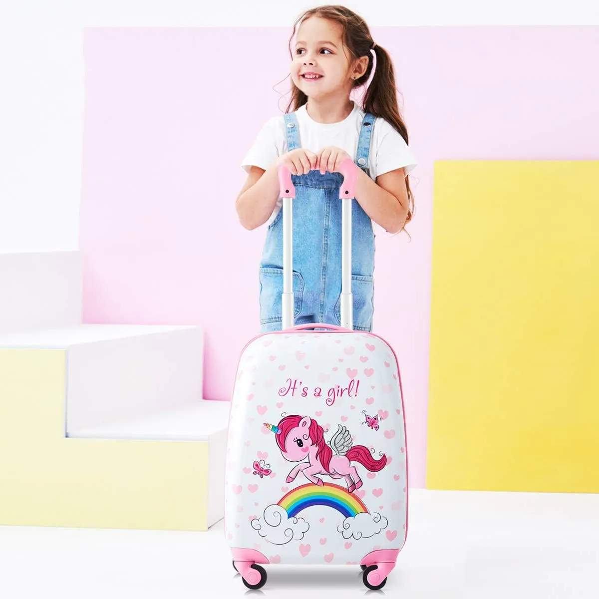 HONEY JOY 2 Pcs Kids Carry On Luggage, 12" School Backpack & 16" Rolling Suitcase, Waterproof Hard Shell Travel Case with Spinner Wheels, Gift for Boys Girls Overnight Travel, Pink Unicorn