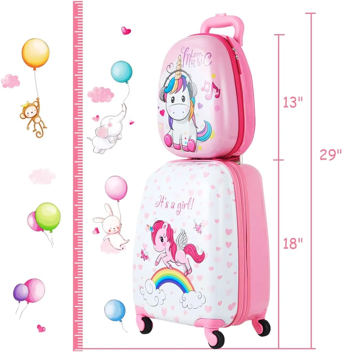 HONEY JOY 2 Pcs Kids Carry On Luggage, 12" School Backpack & 16" Rolling Suitcase, Waterproof Hard Shell Travel Case with Spinner Wheels, Gift for Boys Girls Overnight Travel, Pink Unicorn