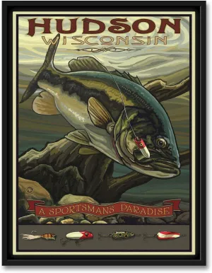 Hudson Wisconsin Bass Professionally Framed Giclee Archival Canvas Wall Art for Home & Office from Travel Artwork by Artist Paul A. Lanquist 9" x 12"