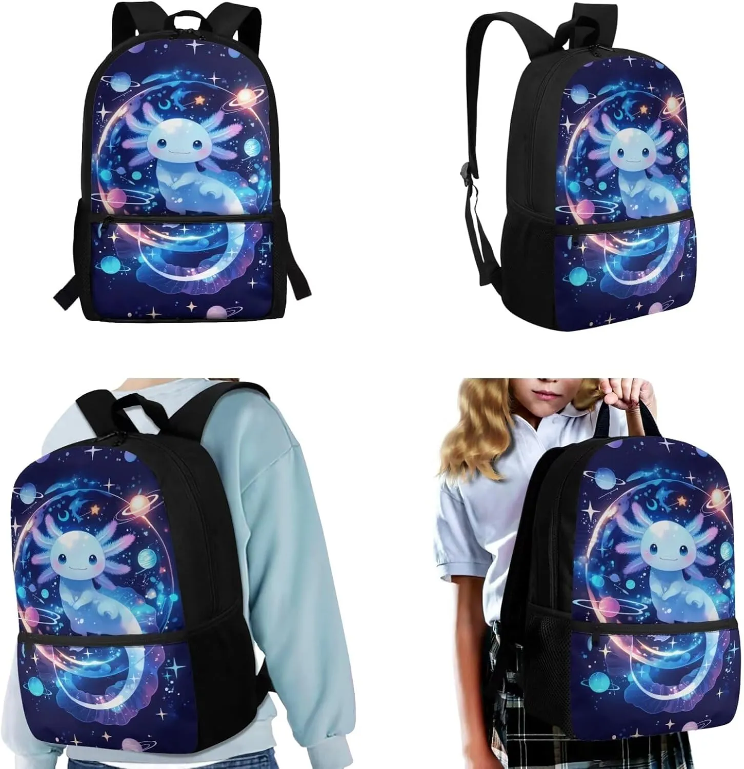 HUIACONG Space Bookbag with Lunch Box for Boys Backpack 10-12 Years Old Galaxy Axolotl Backpacks Teen Girls School Bags Age 10-12 Back to School Supplies