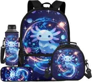 HUIACONG Space Bookbag with Lunch Box for Boys Backpack 10-12 Years Old Galaxy Axolotl Backpacks Teen Girls School Bags Age 10-12 Back to School Supplies