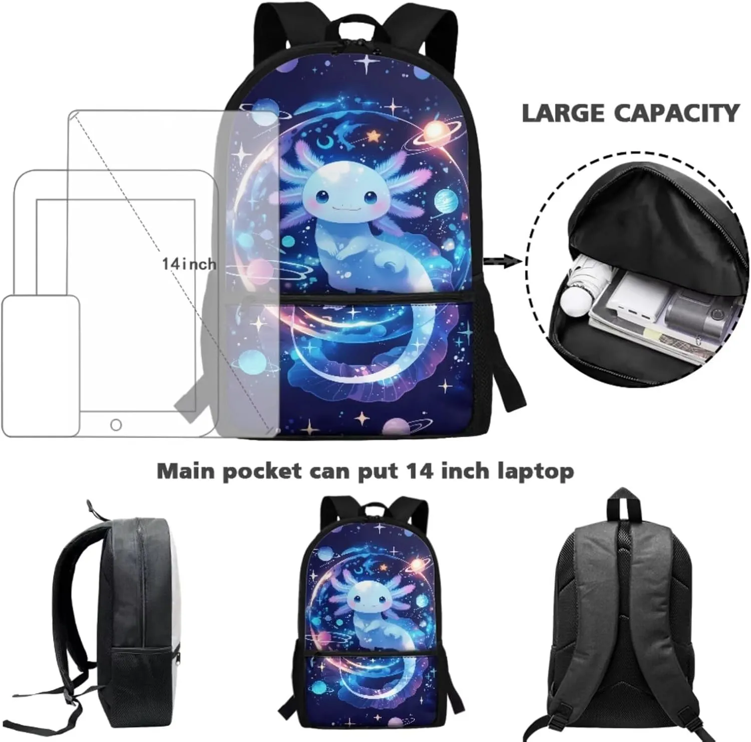 HUIACONG Space Bookbag with Lunch Box for Boys Backpack 10-12 Years Old Galaxy Axolotl Backpacks Teen Girls School Bags Age 10-12 Back to School Supplies