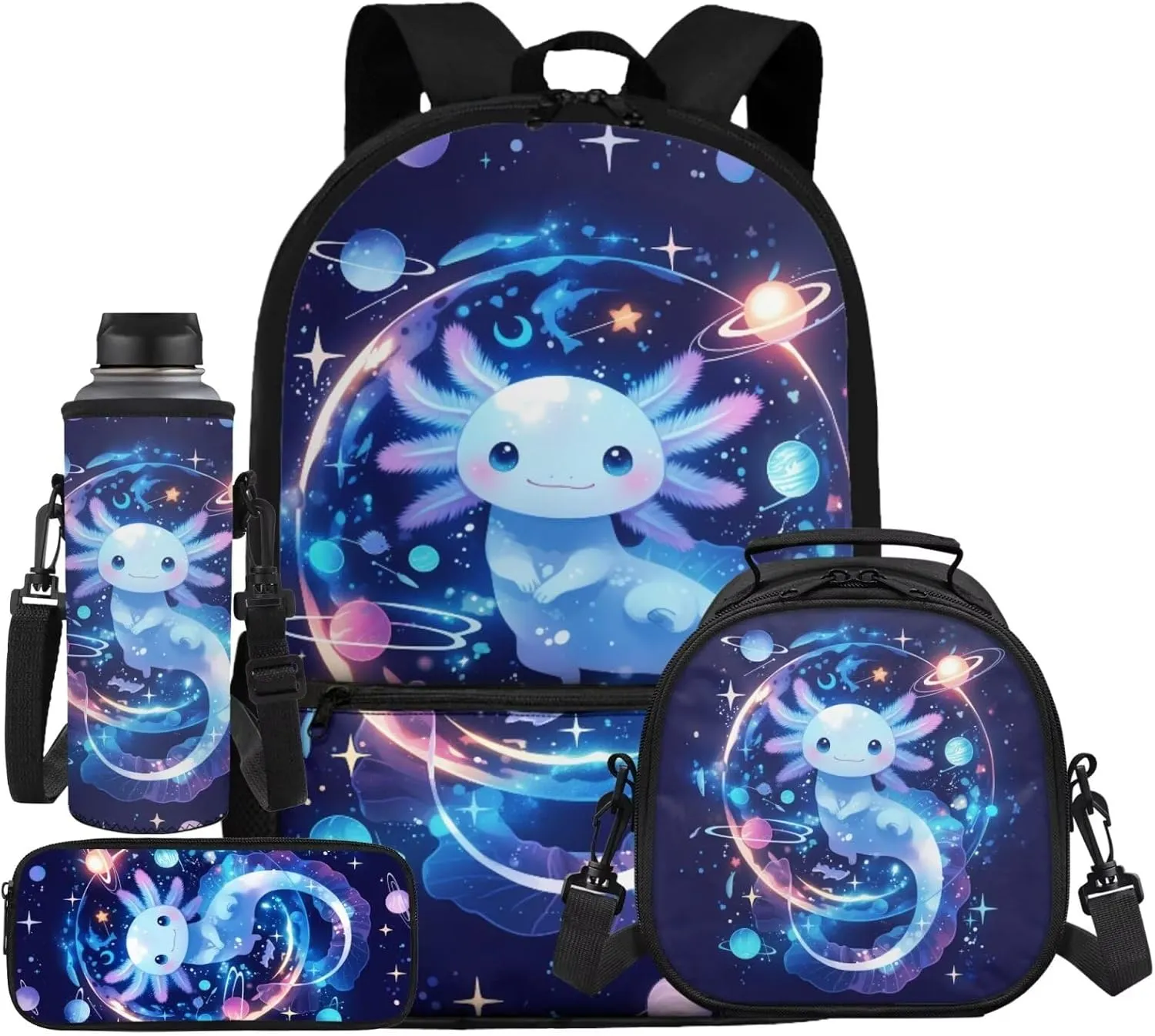 HUIACONG Space Bookbag with Lunch Box for Boys Backpack 10-12 Years Old Galaxy Axolotl Backpacks Teen Girls School Bags Age 10-12 Back to School Supplies