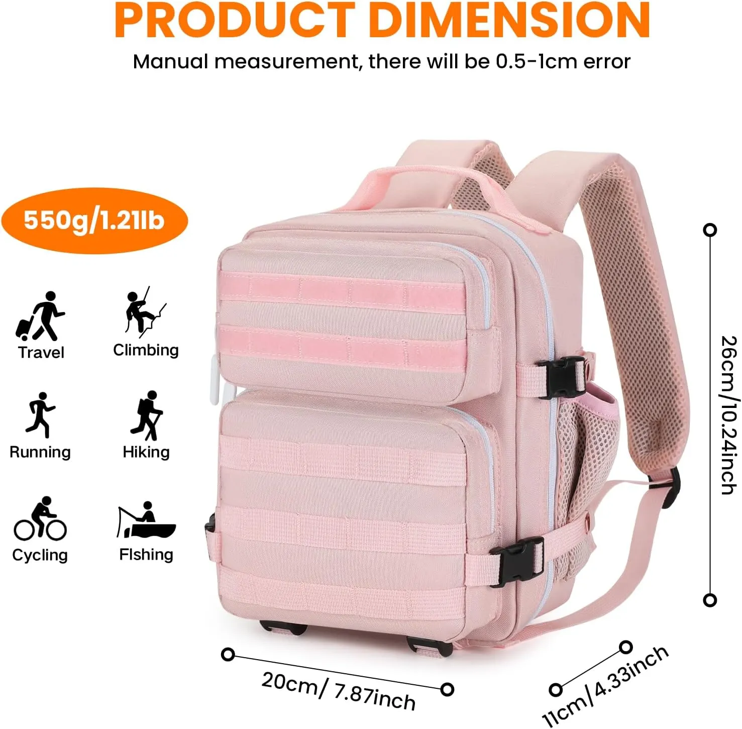 HUNTVP 9L Mini Tactical Backpack with Holster for Women - Small Military MOLLE Backpack for Sport, Hiking, Travel, Gym (Pink)